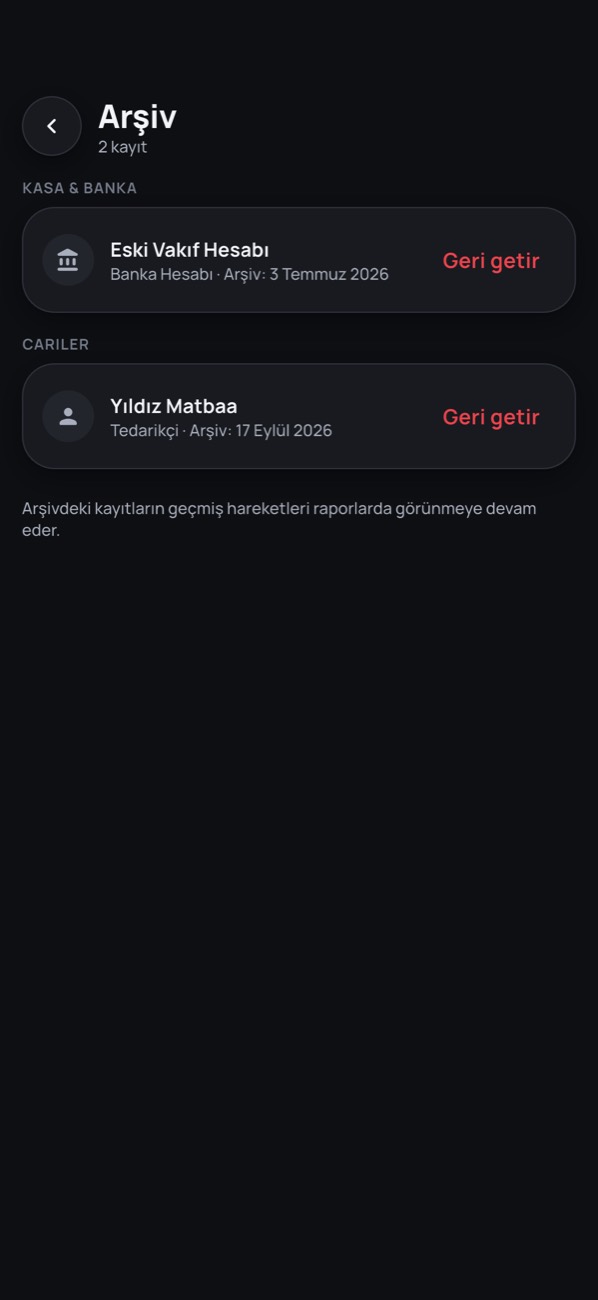Hesap Arşivleme ekranı