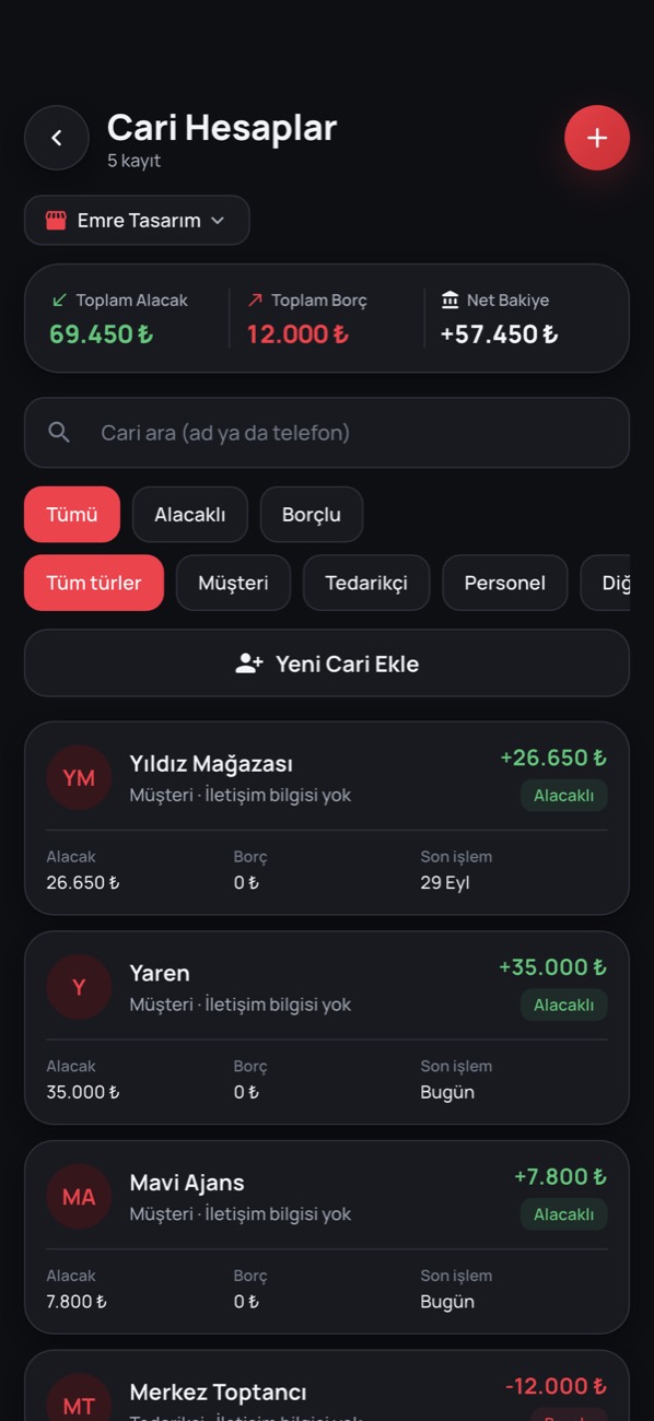 Cari / Borç-Alacak ekranı