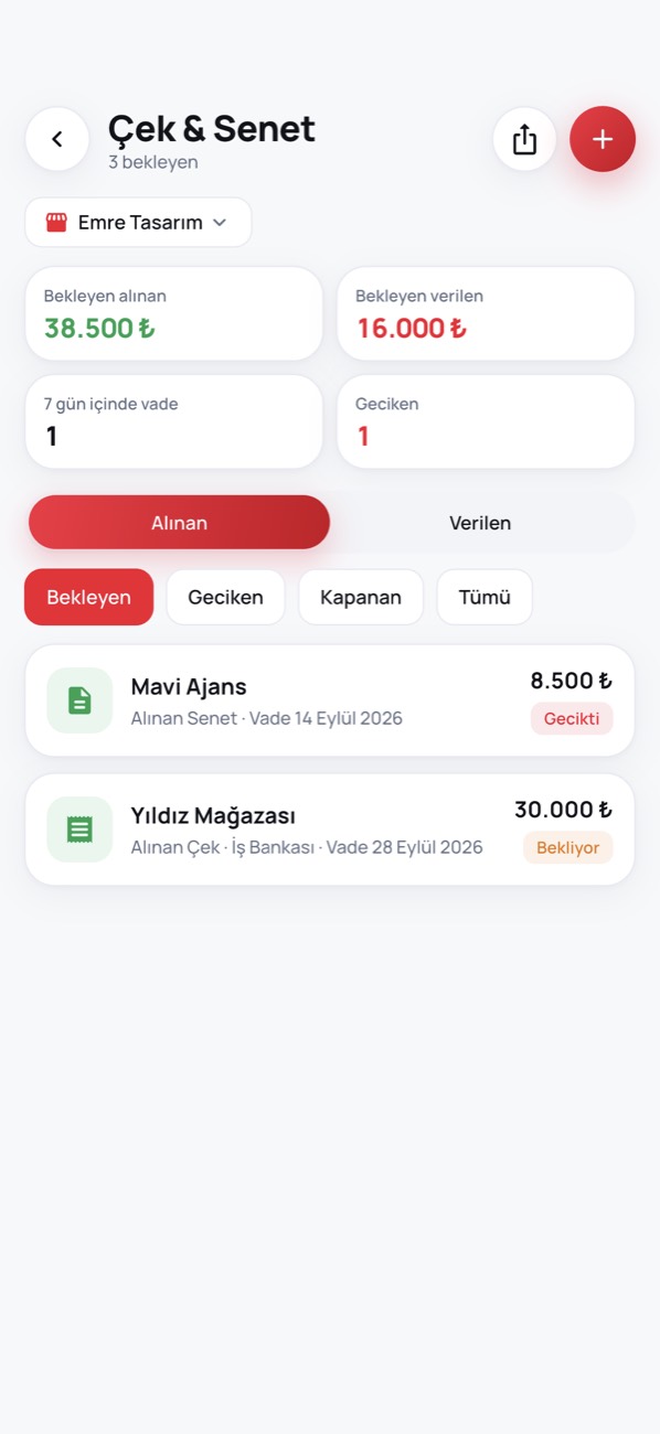 Çek & Senet ekranı
