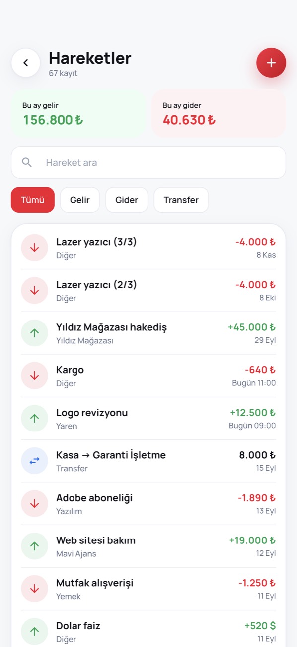 Gelir & Gider ekranı