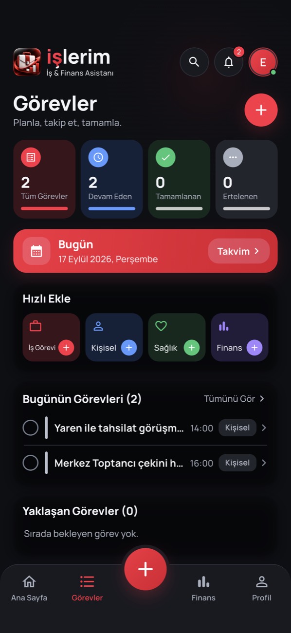 Görevler & Hatırlatmalar ekranı