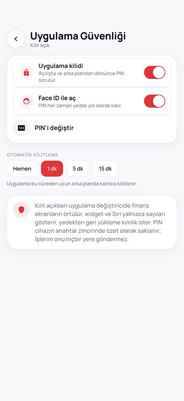 Uygulama Güvenliği ekranı