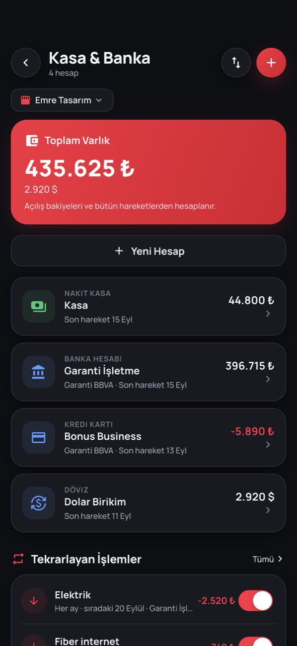 Kasa & Banka ekranı