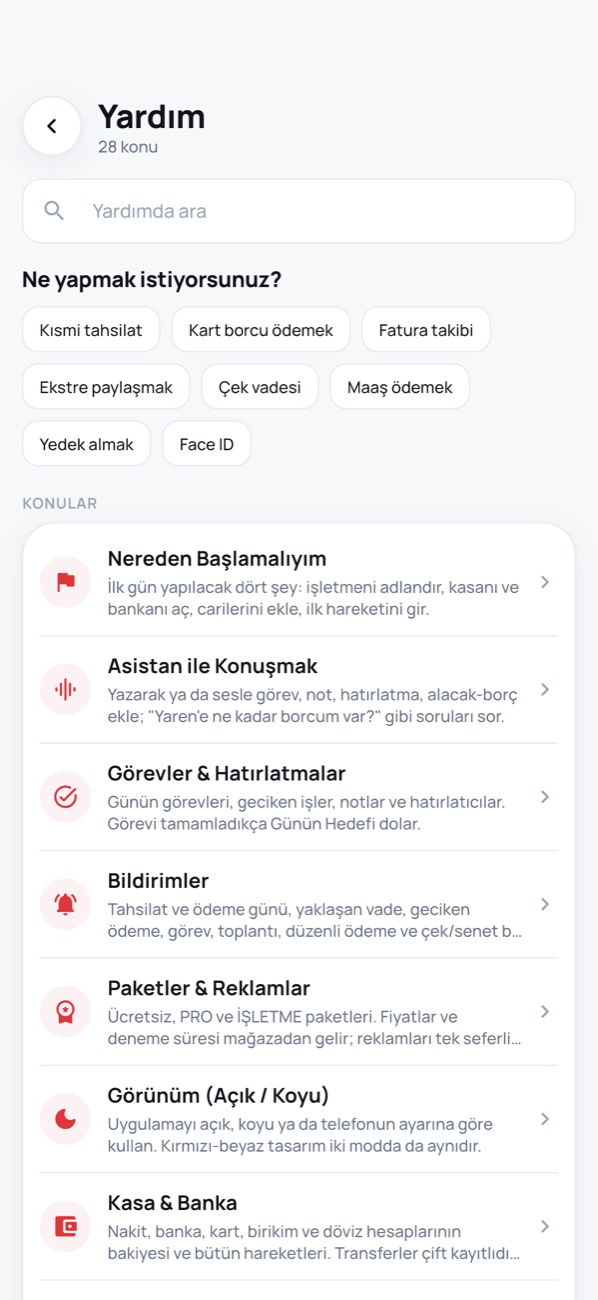 Sık Sorulan Sorular ekranı