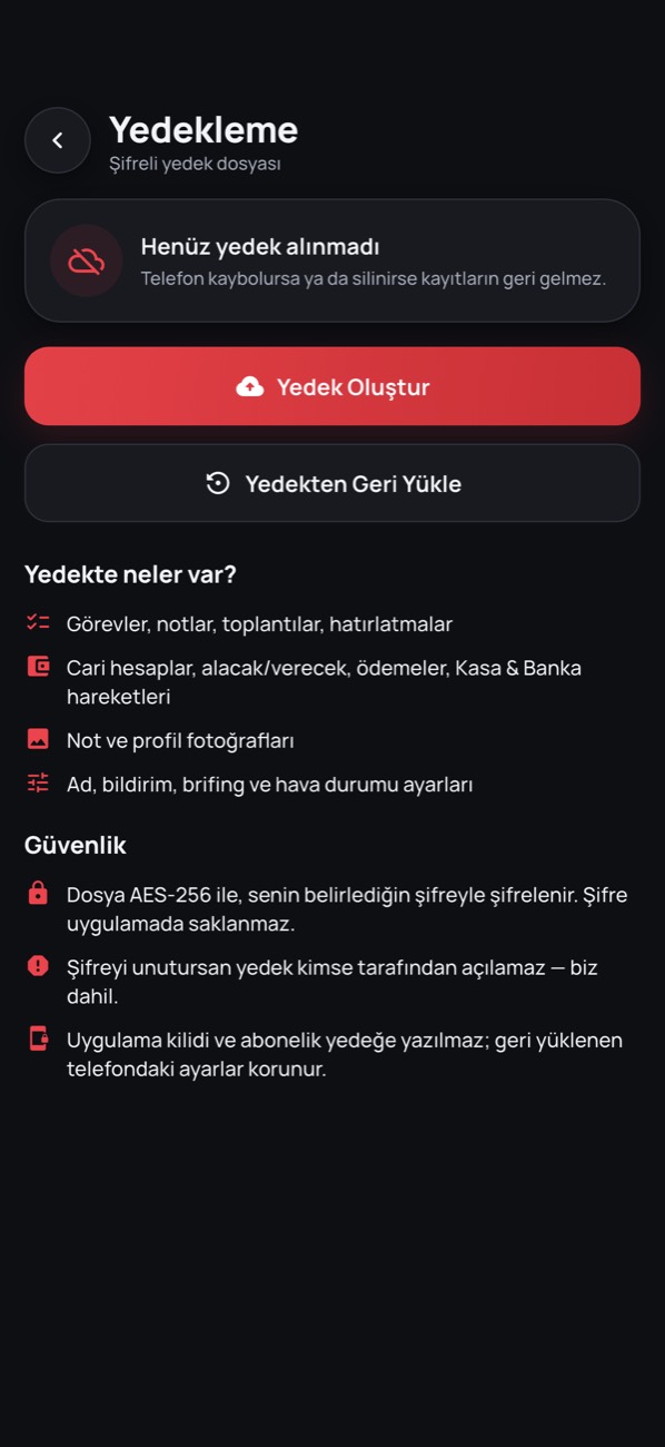 Yedekleme & Veri Güvenliği ekranı